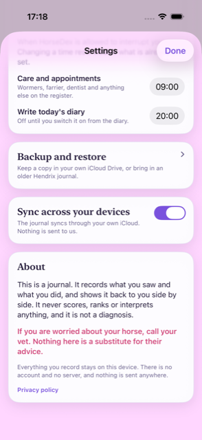 The Settings sheet showing a Sync across your devices switch, turned on, between the backup card and the About card.