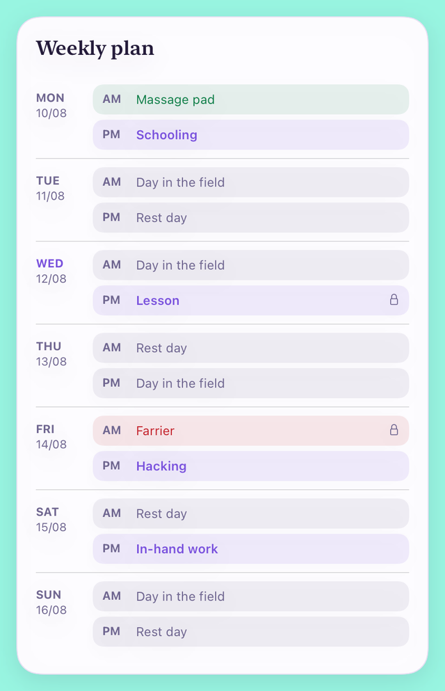 A week in the plan on a phone, one row per day, each with a morning and an afternoon
