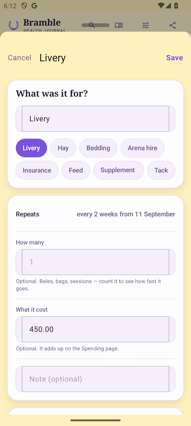 The sheet for a repeating livery expense on Android: what it was for, repeats every 2 weeks from 11 September, how many, and a cost of 450.00