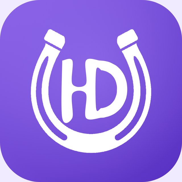 The HorseDex app icon: a white horseshoe with the letters HD inside it, filling a purple tile, with no wording.